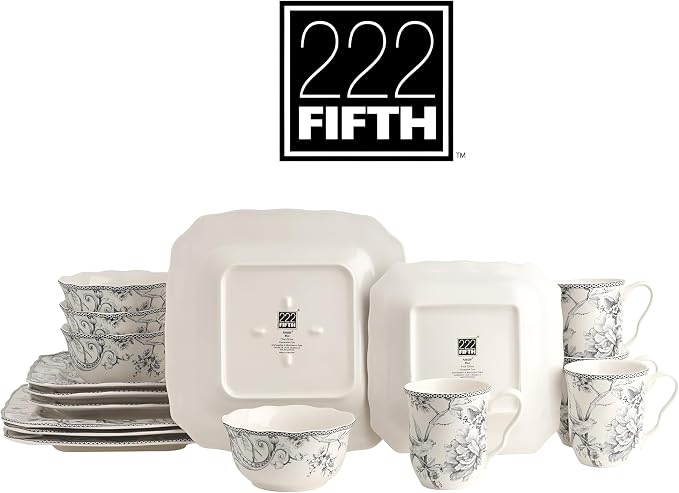 222 Fifth Adelaide Grey 16-Piece Floral Porcelain Dinnerware Set | Microwave and Dishwasher Safe Dining Set for 4 | Stackable and Chip-Resistant Plates Bowls and Cups | Gift for Housewarming & Wedding