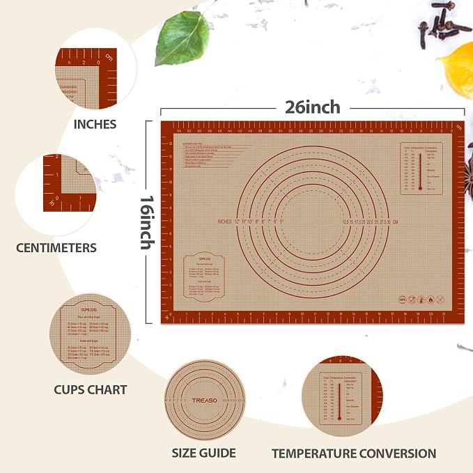 26" x 16" Silicone Baking Mat with Measurement Guides | Extra Thick Pastry Rolling & Sourdough Mat Baking Supplies for Making Pizza, Pie, Cookies and Bread