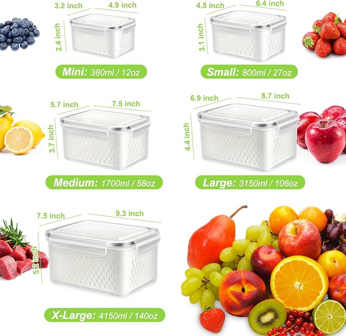 10 Pieces Fruit Storage Container for Fridge,with Removable Colander | 5 Pack Plastic Airtight Storage Container for Fruit Berry Salad, BPA Free Kitchen Refrigerator Organizers