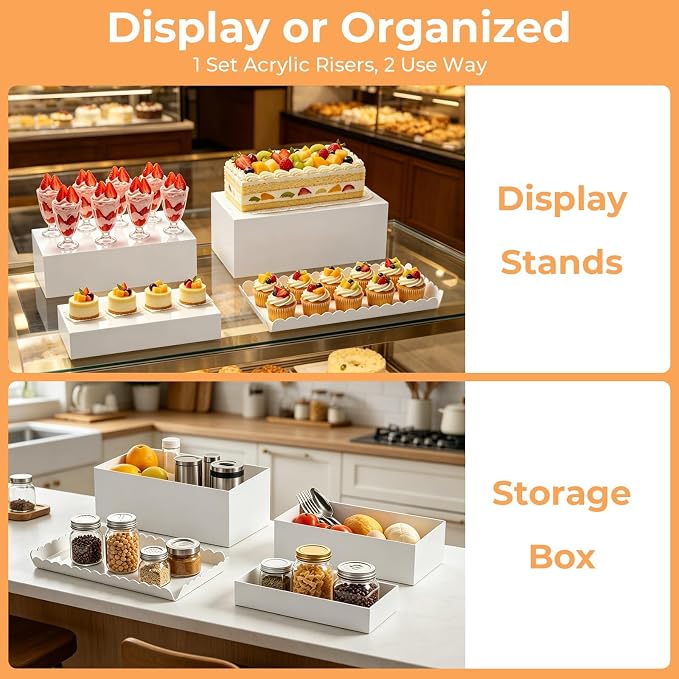 Buffet Risers, 4PCS Glossy White Acrylic Food Risers for Party Table, Rectangle Display Riser Stand with Hollow Box for Dessert Catering Drink Supply, Scalloped Acrylic Serving Tray for Cupcake