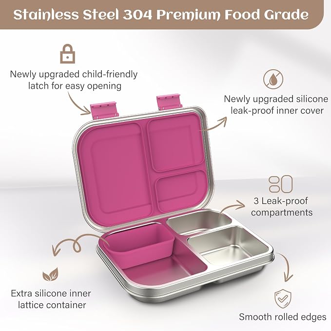 BABHAMNESS Stainless Steel Bento Box Kids, 3 Compartments Leak Proof Metal Bento Lunch Box, 304 Stainless Steel Bento Lunch Containers for School and Office,Dishwasher Safe, BPA-Free-Pink