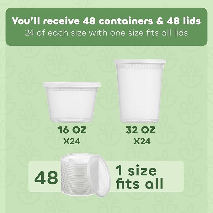 48 Sets Plastic Deli Containers with Lids - 16oz Pint & 32oz Quart | Leak Proof, Microwaveable, Dishwasher & Freezer Safe - Plastic Food Storage, Meal Prep, Restaurant & Soup Containers