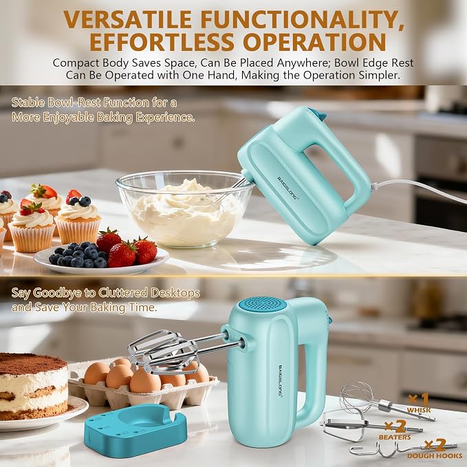 BAIGELONG Hand Electric Mixer, 5-Speed KitchenMixer with 5 * 304 Stainless Steel Attachments + Storage Base, Food Handheld Mixer for Baking, Whipping Cream, Cake Mixing, Blue