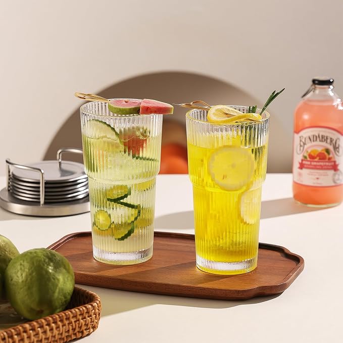 Ribbed Glass Tumbler Drinking Glasses with Lids & Straws, Leak-Proof 20oz and 15oz Glass Cups, 8PCS Glass Tumblers, Ideal for Home, Office, Outdoor Use
