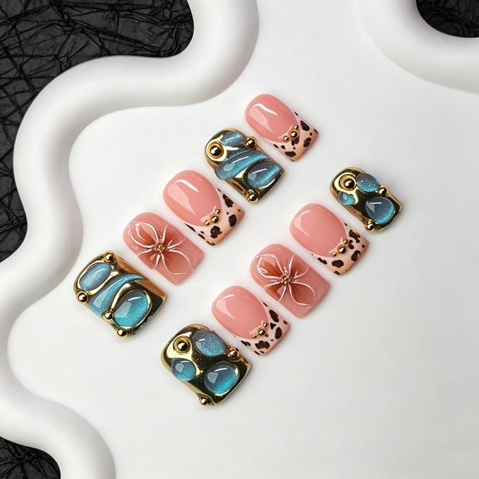Square Handmade Press on Nails Leopard Print Short Square Fake Nails with 3D Gold Metal & Blue Cats Eyes Charms Thick Salon Quality Acrylic Nail Nude Pink Flower Handmade Stick on Nails for Women (M)