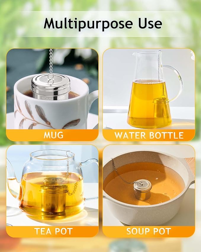 HOUSE AGAIN Tea Infuser, Extra Fine Mesh Tea Infusers for Loose Tea, 18/8 Stainless Steel Tea Strainer with Extended Chain Hook, Tea Steeper for Brew Tea, Spices & Seasonings Small × 2