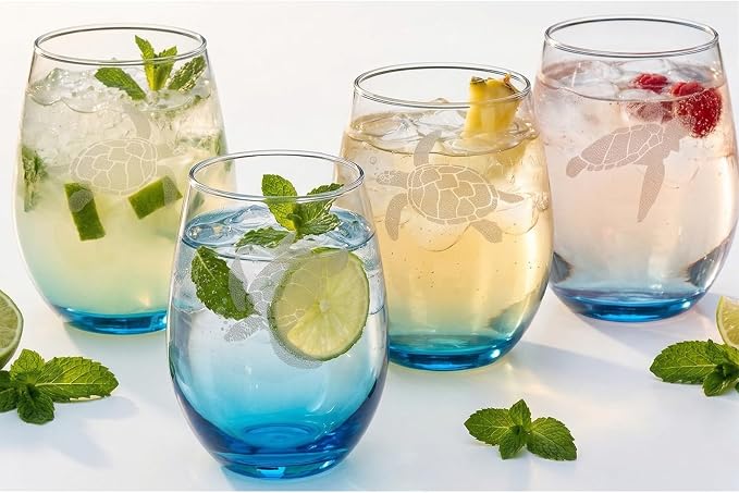 17oz Sea Turtle Stemless Wine Glasses, Set of 4, Blue Gradient Base | Coastal Drinkware Gifts for Beach House Decor, Ocean Lovers, Women & Mother's Day. Securely Packaged Gift Box Ready