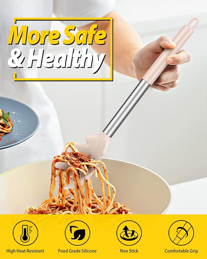 BUNDLEPRO Silicone Pasta Fork and Ladle Spoon Set, 2 Pack, Khaki | Large Non Stick, High Heat Resistant Kitchen Utensils for Cooking,Stirring,Serving Spaghetti, Soup, Sauce