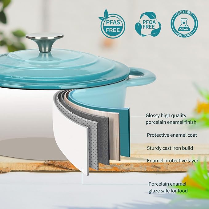 Cast Iron Dutch Oven, 3 QT Round Dutch Oven Pot with Self Basting Lid for Home Baking, Braiser, Cooking, Great Christmas Gifts for Family,Teal