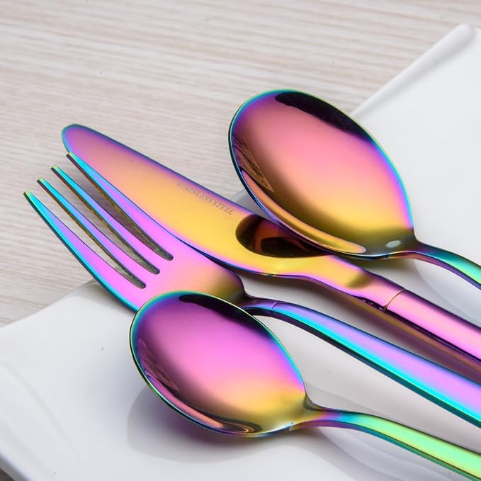 Berglander Rainbow Silverware Set 20 Pieces Service for 4, Colorful Titanium Plating Stainless Steel Flatware Sets, First Apartment Must Have Cutlery Utensils Set, Dishwasher Safe