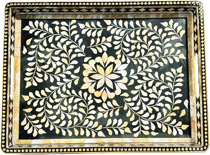 Boho Serving Tray with Handles, 15.7”x11.8” Rectangular Decorative Plastic Tray (Vintage Black & Gold) for Coffee Table, Ottoman, Living Room – Multipurpose Deco