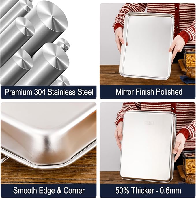 Stainless Steel 304 Baking Sheet Pans 9.3" Cookie Tray Food Serving | Extra Small 1/8 Pan, 2Pack, Deep Tiny Toaster Oven Pan, Dishwasher Safe, No Rust, Reheat Food, 1~2 Person, 9.3 x 6.9 x1.1"