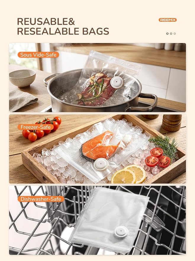 Reemix 60 Pcs Vacuum Sealer Bags (8"x10", 10"x13.8", 11.8"x13.8") | with Upgraded Silicone Air Valve, BPA-Free Food Grade, Sous Vide Safe, Air Valve Zipper Bags