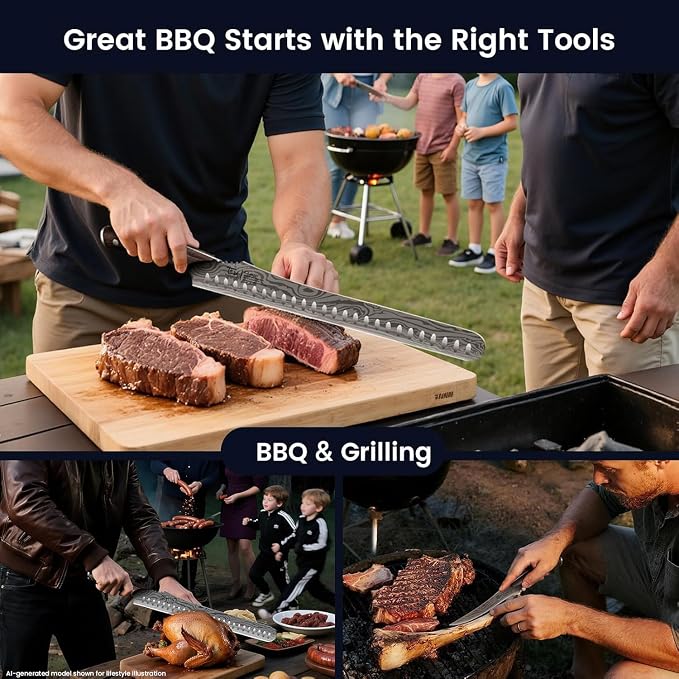 Brisket Slicing Knife Set, Carving & Boning Knife for Meat & Turkey | Japanese Style High Carbon Steel Kitchen Knives Set for Home & BBQ, Wenge Wood Ergonomic Full Tang Handle, Ideal for Gift