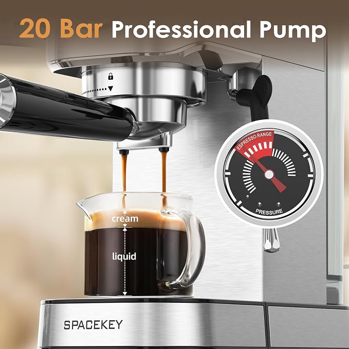 Spacekey Espresso Machine with Milk Frother, 20 Bar Compact Expresso Coffee Machines for Home, Stainless Steel Espresso Maker with 39oz Removable Water Tank for Cappuccino Latte, Fast Heating, Silver