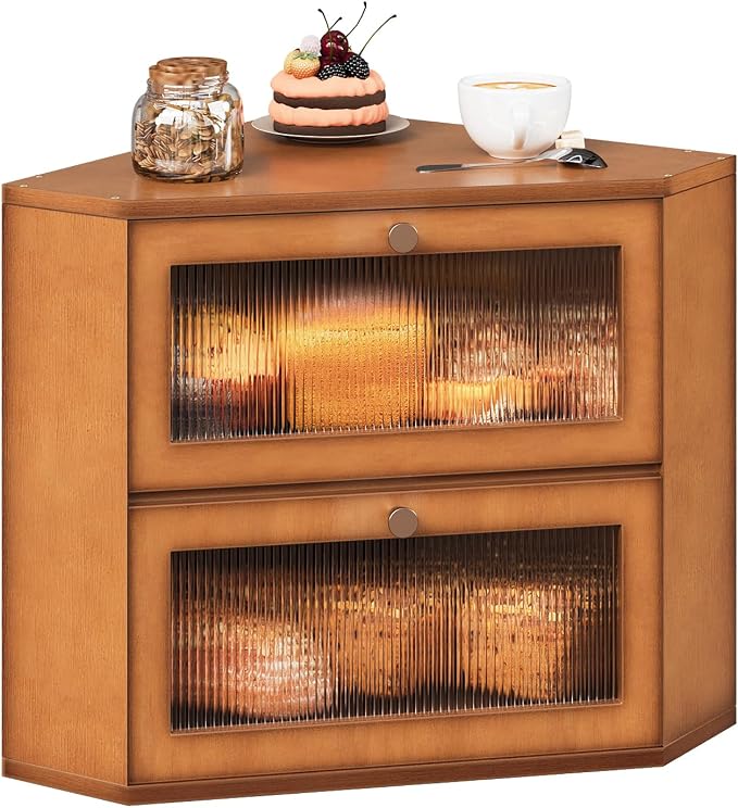 Trironsun Corner Bamboo Bread Box for Kitchen Counter Double Layer Bread Storage Container Large Capacity Bread Storage Bin with Wavy Arcylic Transparent Door (Brown)