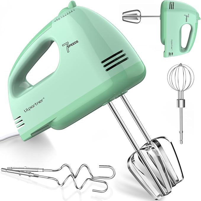 LILPARTNER Hand Mixer Electric, Ultra Power Kitchen Hand Mixer With 7-Speed & 5 Stainless Steel Accessories for Whipping Dough, Cream, Cake, Dishwasher Safe, Light Green