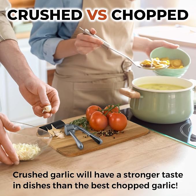 Zulay Kitchen Large Premium Garlic Press Set - Bigger Bowl for Bigger Garlic - Rust Proof Garlic Mincer Tool - Easy-Squeeze, Easy-Clean Silicone Garlic Peeler & Brush (Slate)