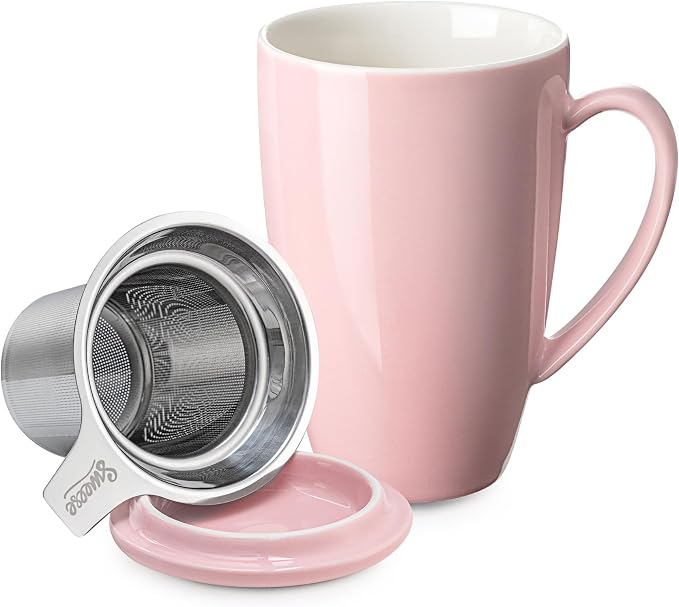 Sweese 15 OZ Porcelain Tea Mug with Infuser and Lid, Loose Leaf Tea Cup, Gifts for Tea Lover, Pink
