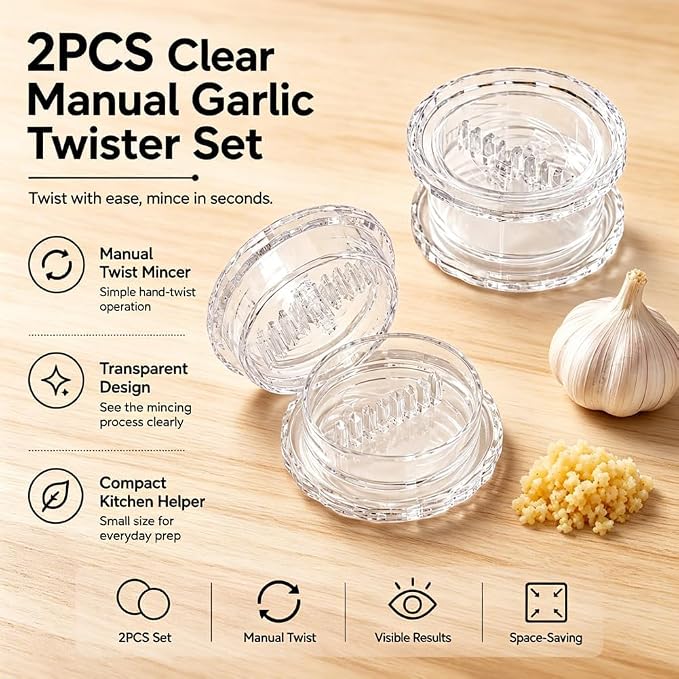 2PCS Clear Manual Garlic Twister Multi-Functional Ginger Mincer Tool, Manual Garlic Twister and Mincer, Garlic Crusher, Garlic Grinder, Compact Garlic Mincer Tool, Ginger, Herbs (White-2PC)