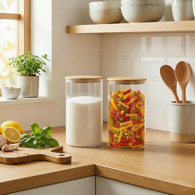 2-Pack Large Glass Flour Sugar Containers, 130oz Jars with Lids | Set of 2 Airtight Canisters, Glass Storage Containers with Bamboo Lids for Rice, Pasta, Oats, Candy, Cookies