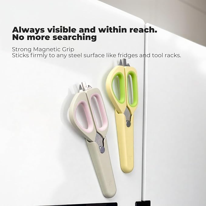 Zuutii Magnetic Kitchen Scissors, Heavy Duty Multi-Purpose Cooking Shears - Dishwasher Safe, Comfort Grip with Safety Lock Food Scissors for Chicken Bones, Herbs, Poultry, Vegetables, Begie&Pink