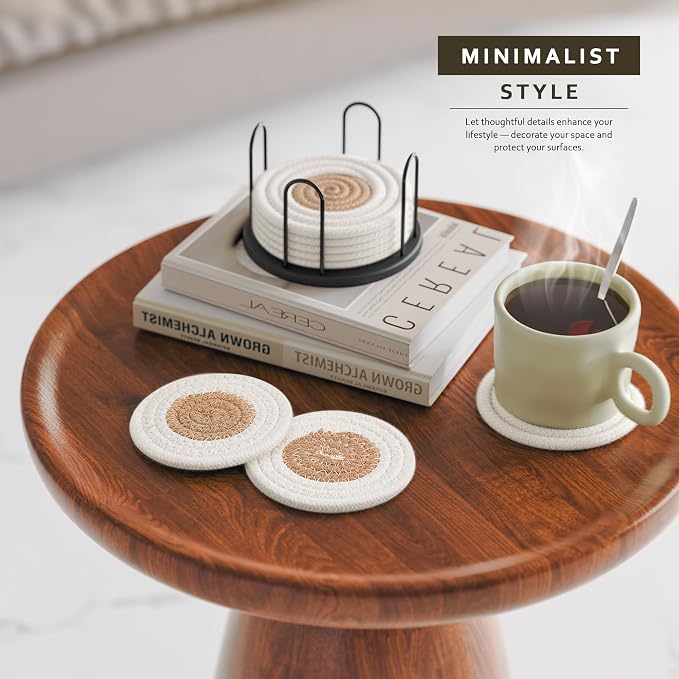 Lazebox Coasters Set of 8 for Drinks, 4 Inch Large Coasters for Coffee Table, Tabletop Protection for Hot & Cold Drinks, Versatile Coasters for Home Decor, Non-Slip & Easy to Clean, White with Coffee