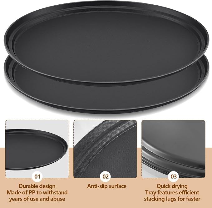 FillTouch 4 Pcs Restaurant Serving Trays PP Plastic Non Slip Rubber Lined Large Oval Tray for Kitchen Dining Room Cafeterias Fast Food Service (24 x 29 Inch,Black)