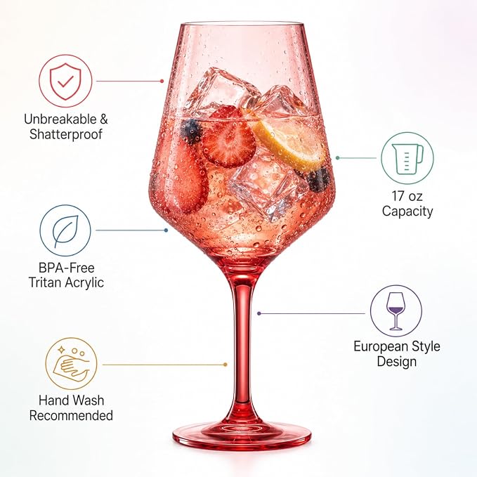 European Style Plastic Crystal Unbreakable Stemmed Wine Glasses | Set of 12 | Acrylic Glasses Tritan Bright Colors Shatterproof BPA-free, Outdoor, Pool, Indoor, Hand Wash 17oz Gift, Everyday & Holiday