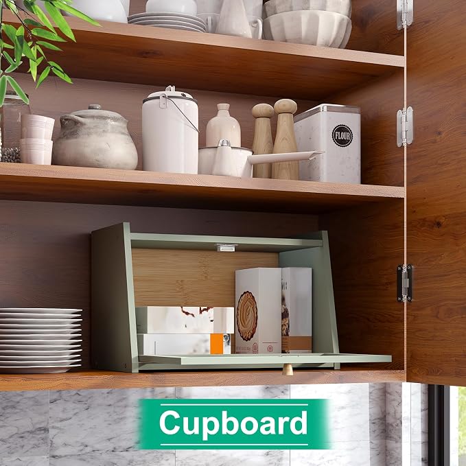 kiplant Green Bread Box for Kitchen Counter, Large Bamboo Bread Storage Container with Wavy Arcylic Door, Bamboo Wooden Farmhouse Bread Box for Your House