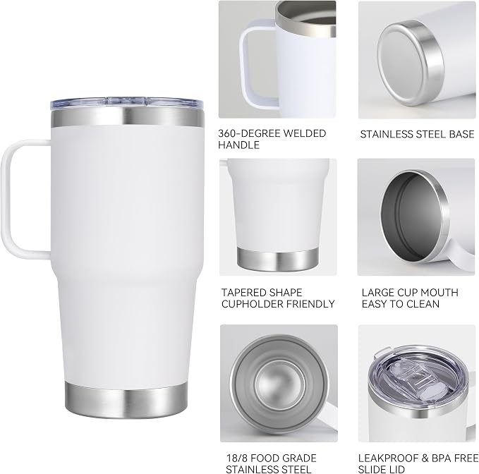 20 oz Stainless Steel Tumbler with Handle Bulk Metal Insulated Tumblers Travel Coffee Mug with Handle Double Wall Tumbler Cup with Lid and Straw, White 6 Pack