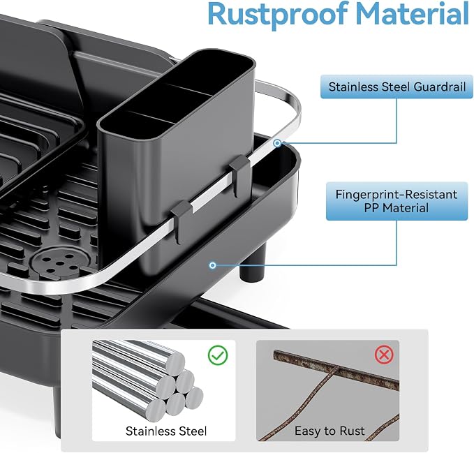 Urackify Expandable Dish Drying Rack for Kitchen Counter,16.2-23.7in,Black | Adjustable Capacity, Countertop-Stay-Dry Drainboard, Heavy-Duty Steel, Stable Plate Rack, Spave Saving for Apartment,RV,Dorms
