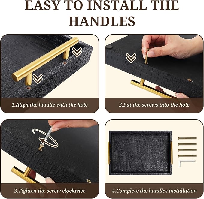 SXNOWS Faux Leather Serving Tray with Gold Handles, Black | 17x12 in Rectangle Decorative Tray, Perfect for Ottoman Coffee Table Kitchen Bar, Stylish Gift for Home Decor