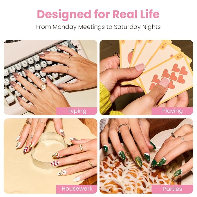 Nail Reformation Fleur de Lace Press On Nails, Medium Almond, 30 Pcs | Nude Fake Nails with Lace French Tip & Rose Floral in Glossy Finish, Gifts for Women