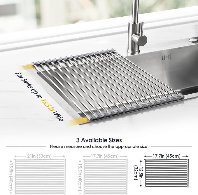 Tomorotec Roll Up Dish Drying Rack Over Sink, 304 Steel, 17.7x12.5, Grey | Anti-Slip Silicone Rims For Grip, Heat-Resistant Trivet Mat Holding Heavy Cookware, Rustproof Kitchen Counter Space Saver