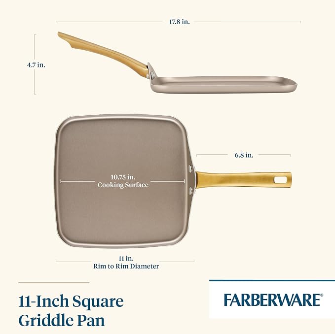 Farberware Radiant Nonstick Square Griddle Pan, Dishwasher Safe, 11 Inch - Champagne