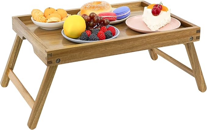 VaeFae Acacia Bed Table, Wooden Breakfast Bed Tray with Folding Legs | Bed Trays for Eating and Laptop, Eating Trays for Bedroom, Sofa