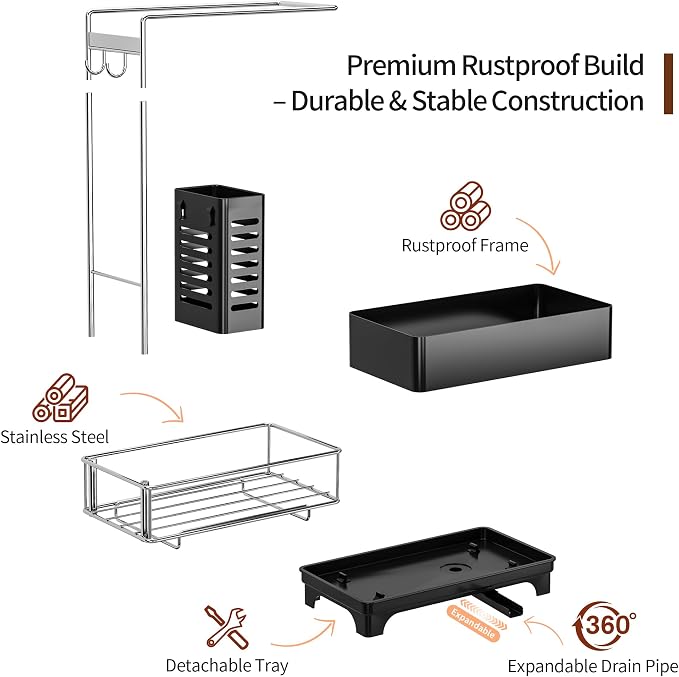 MOUKABAL 2-Tier Sponge Holder for Kitchen Sink, Sink Caddy Organizer Black | Large Capacity/Stainless Steel/Drain Holes Keep Items Dry/Holds Brush & Dishcloth/Side Hooks/Kitchen Counter Organizer