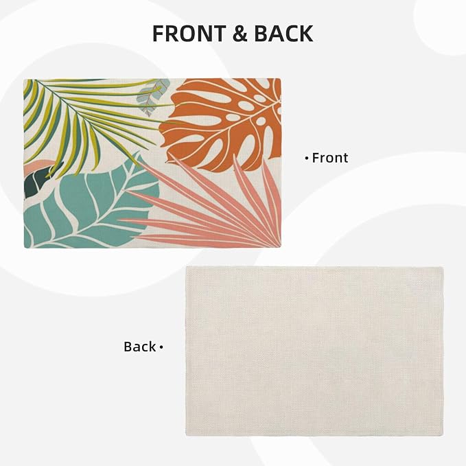 Palm Leaf Placemats Set of 4, Green Blue Coral Tropical Leaf Decorative Table Mat 12 x 18 Inch Heat Resistant Non Slip Line Fabric Summer Place mat for Holiday Party Kitchen Dining Decor