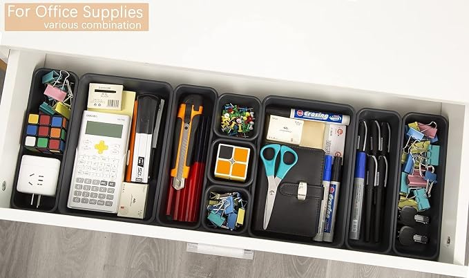 Kutesna 25PCS Interlocking Drawer Organizer, Plastic Desk Organizer Set | 4-Size Versatile Storage Bins,BPA-free, Non-slip, Fits Any Drawer for Cosmetics, Bathroom, Tools, Kitchen and Office