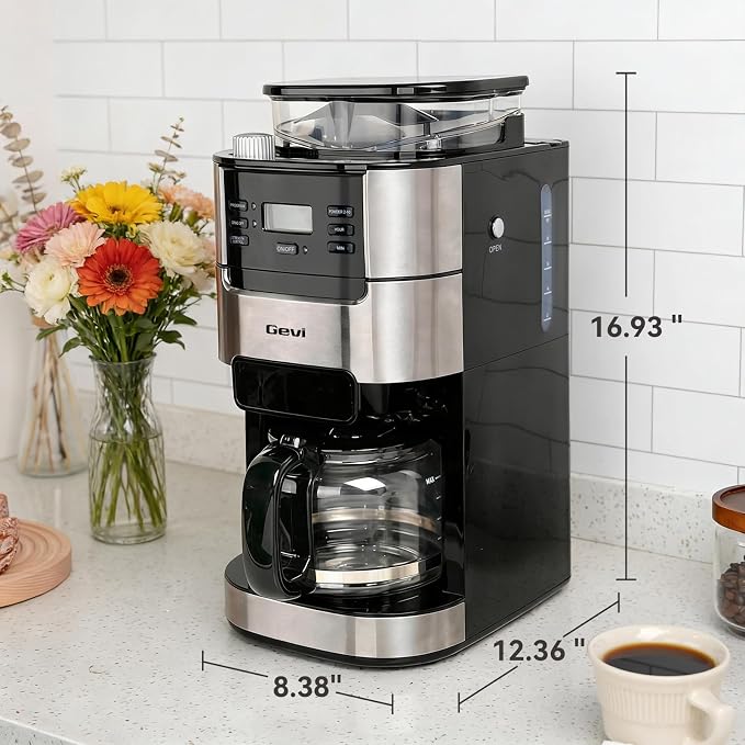 Gevi All In One 10-Cup Grind & Brew Coffee Maker with Built-In Burr Grinder | 24-Hour Programmable Timer, 1.5L Water Tank, Warm Plate, Reusable Filter & Glass Carafe for Daily Fresh Coffee Brewing