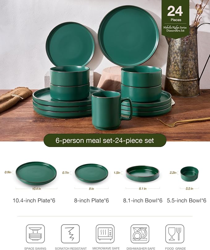 Famiware Nebula Ridge 24-Piece Dinnerware Set with Pasta Bowls, Dark Green | Stoneware Plates and Bowls for 6, Warm Hand-Painted Rims, Microwave and Dishwasher Safe