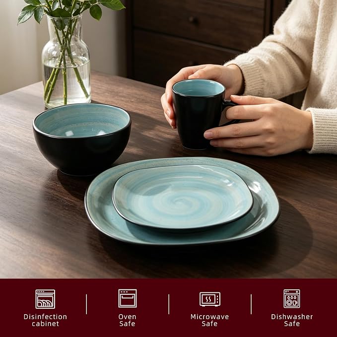 HomeVss, Stoneware Square 16pc Dinnerware Set, Inside Spinwaseh Swirl Turquoise + Outside Black