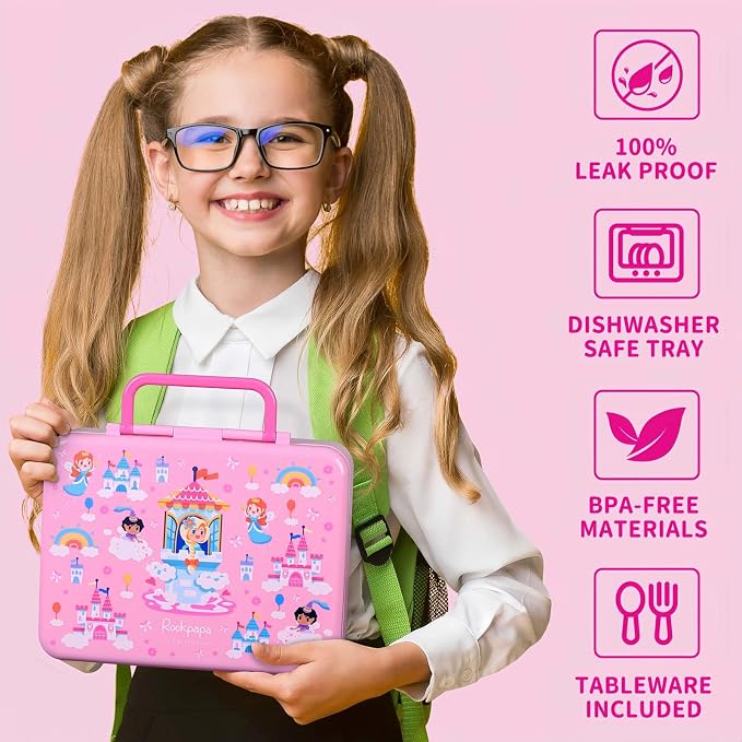 rockpapa Bento Box for Kids - Large 5.5 Cups Lunch Box with Utensils - 5 Compartments, BPA-Free, Leak Proof, Portable Handle for Boys Girls, Microwave/Dishwasher Safe (Pink Fairies)