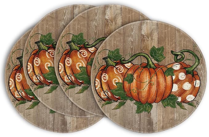 Artoid Mode Wood Pumpkins Round Fall Placemats Set of 4-14 Inch | Heat-Resistant, Washable Table Mats, Seasonal Autumn Kitchen Dining Decor