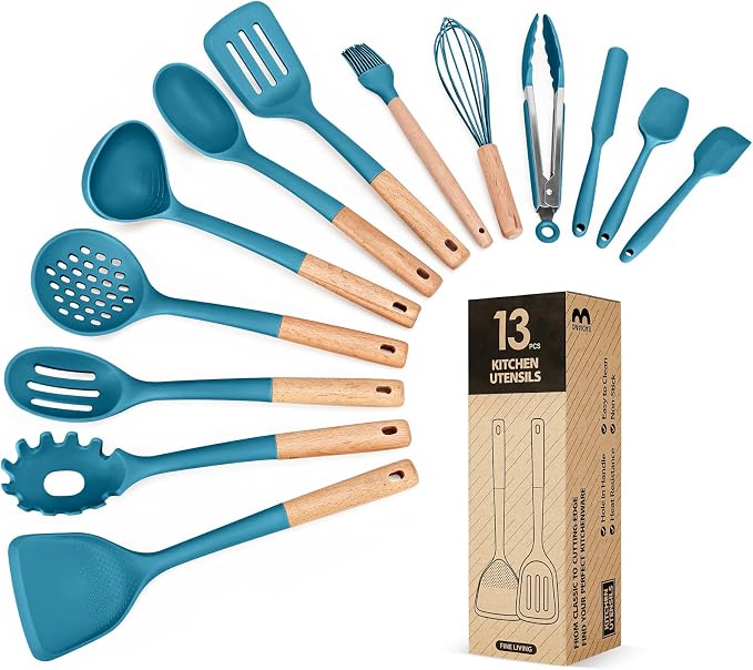 13PCS Silicone Kitchen Utensils Set for Nonstick Cookware, Blue | Food Grade, Heat Resistant Kitchen Utensil Spatula Set, Wooden Handles Kitchen Gadgets Tools Set