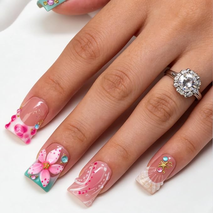 10 Pcs Handmade Press on Nails Duckbill Shape 3D Luxury Flower Acrylic Nails Summer Handmade Starfish Water Droplet Designs Short Fake Nails Thickened False Nail for Women (M)