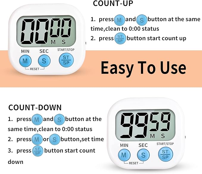 2-Pack Digital Kitchen Timer for Cooking, Multi-Function Electronic Timer, Big Digits Loud Alarm Strong Magnetic Backing, Classroom Timers for Teachers 2-Piece