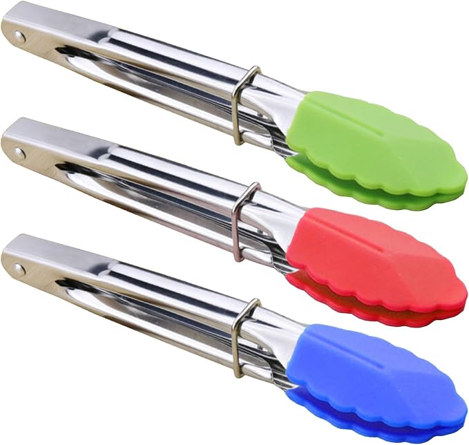 HINMAY 7-Inch Mini Tongs with Silicone Tips, Set of 3 (Green Red Blue) | 7-Inch Serving Tongs