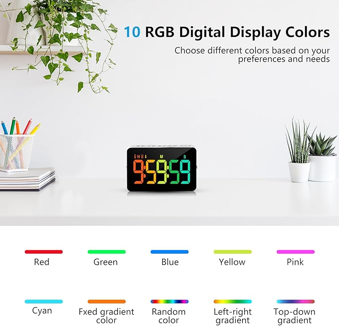 Samshow Rechargeable Digital Kitchen Timer, 2 Packs, Color Change | 10 Dynamic RGB Color, Countdown/Up, 3 Brightness 4 Volume Adjustable, Magnetic, 5" LED Display, For Classroom/Home/Classroom